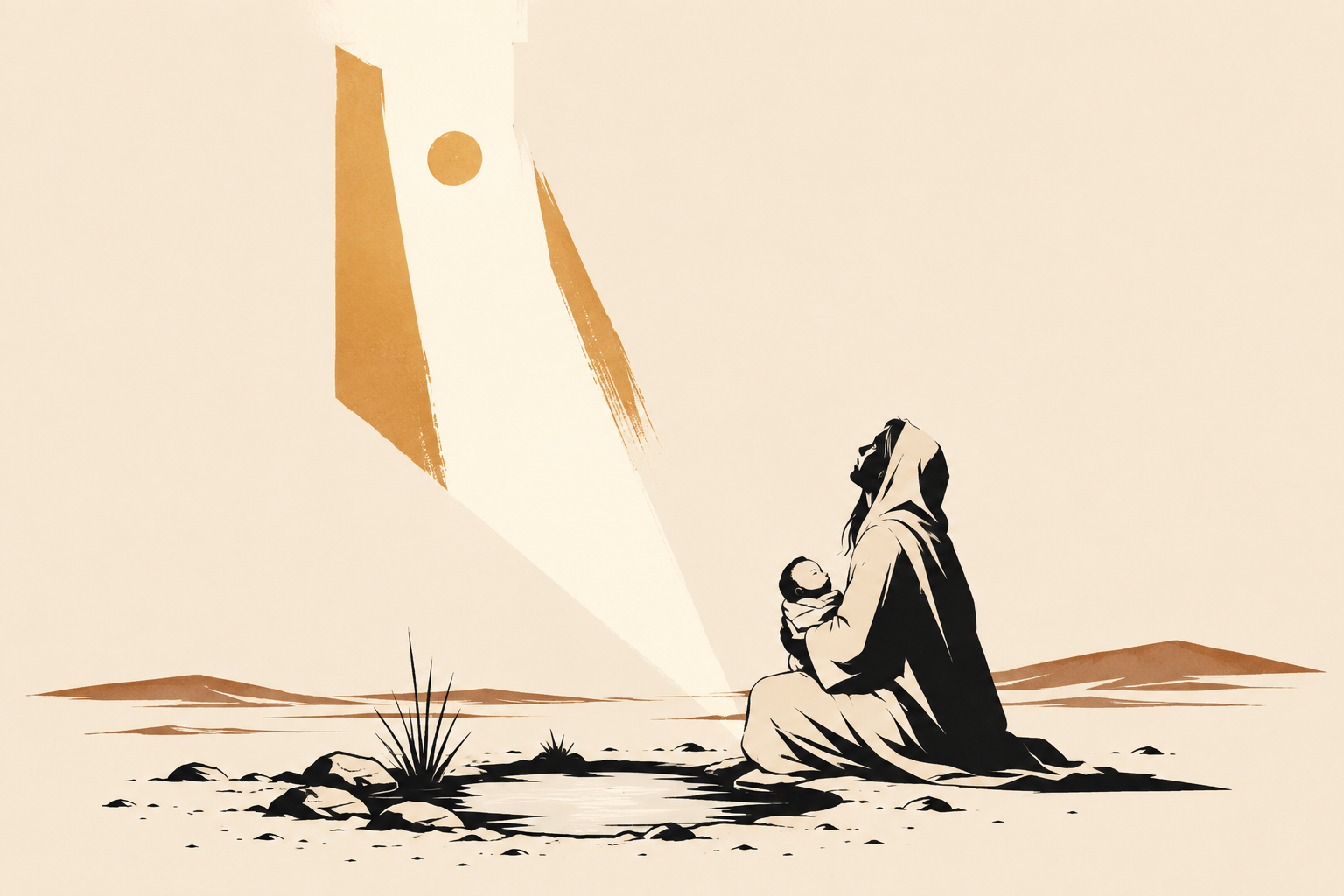 Hagar holding her child in the wilderness, looking toward a shaft of light.